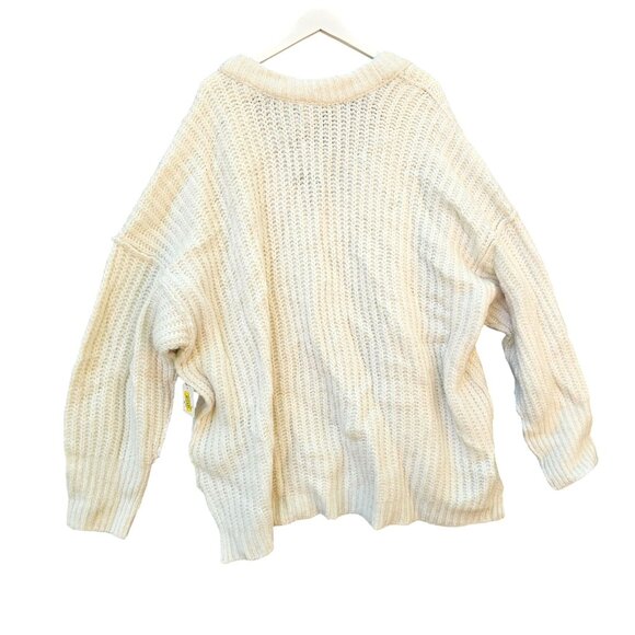 Free People Medium Blue Bell V-Neck Pullover Sweater Oversize Slouchy Ivory Cozy - Picture 6 of 14